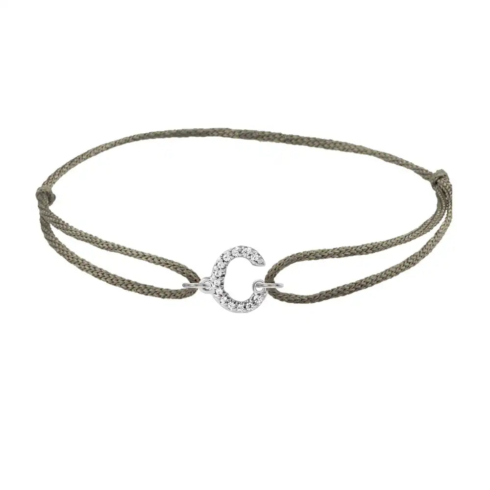 Diamond initial c silk bracelet in 14K white gold on olive silk