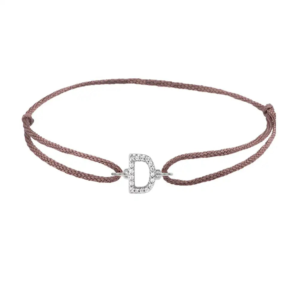 Diamond initial d silk bracelet in 14K white gold on brown silk