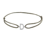 Diamond initial d silk bracelet in 14K white gold on olive silk