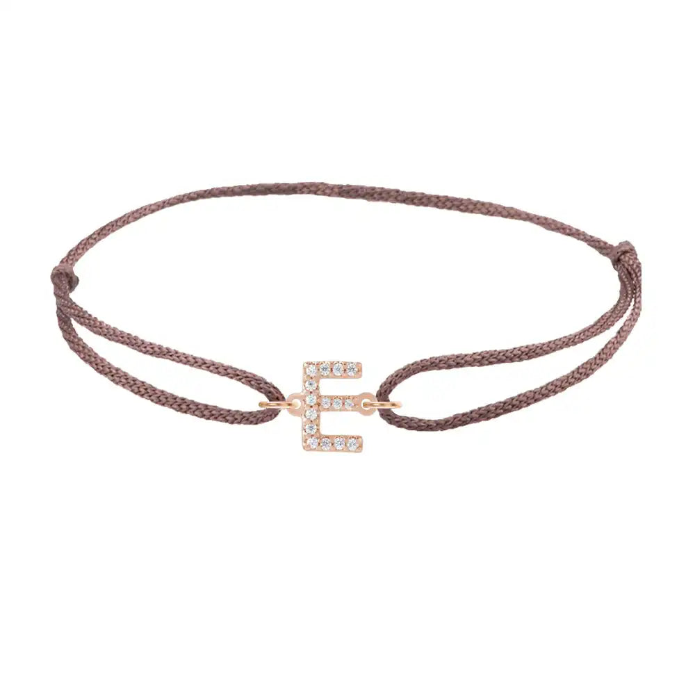 Diamond initial e silk bracelet in 14K rose gold on brown silk