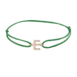 Diamond initial e silk bracelet in 14K rose gold on emerald silk