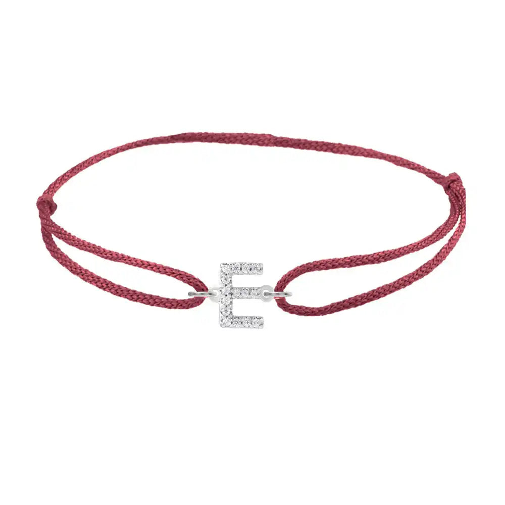 Diamond initial e silk bracelet in 14K white gold on burgundy silk
