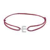 Diamond initial e silk bracelet in 14K white gold on burgundy silk