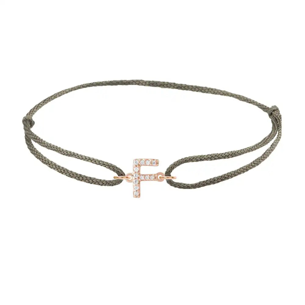 Diamond initial f silk bracelet in 14K rose gold on olive silk