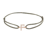 Diamond initial f silk bracelet in 14K rose gold on olive silk