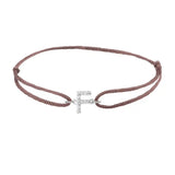 Diamond initial f silk bracelet in 14K white gold on brown silk