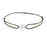 Diamond initial f silk bracelet in 14K white gold on olive silk