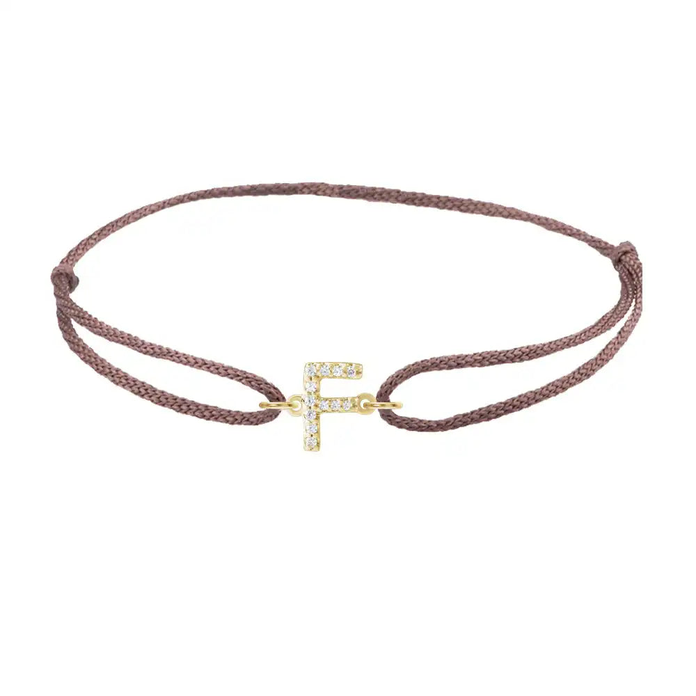 Diamond initial f silk bracelet in 14K yellow gold on brown silk