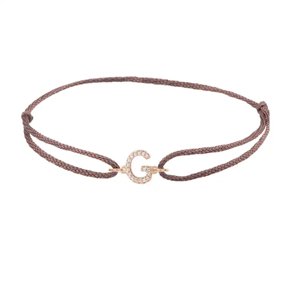 Diamond initial g silk bracelet in 14K rose gold on brown silk