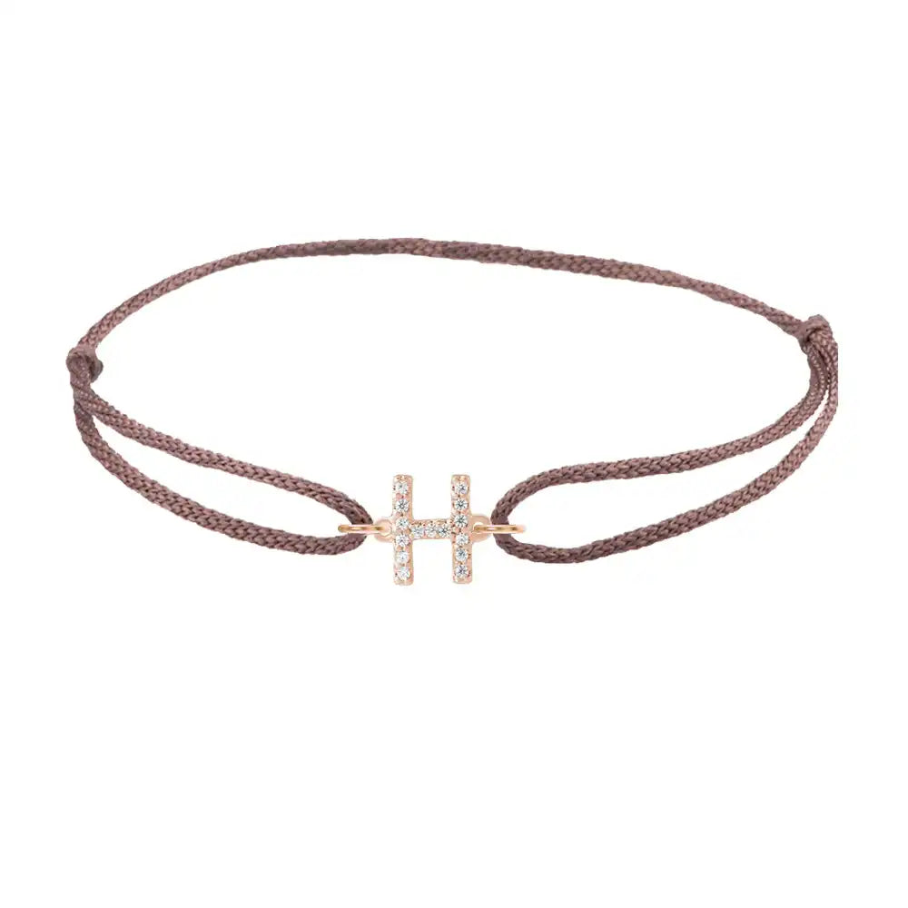 Diamond initial h silk bracelet in 14K rose gold on brown silk