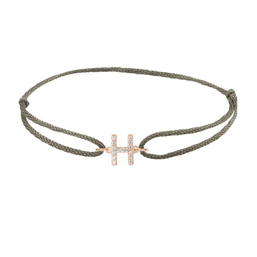 Diamond initial h silk bracelet in 14K rose gold on olive silk