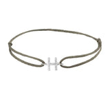 Diamond initial h silk bracelet in 14K white gold on olive silk