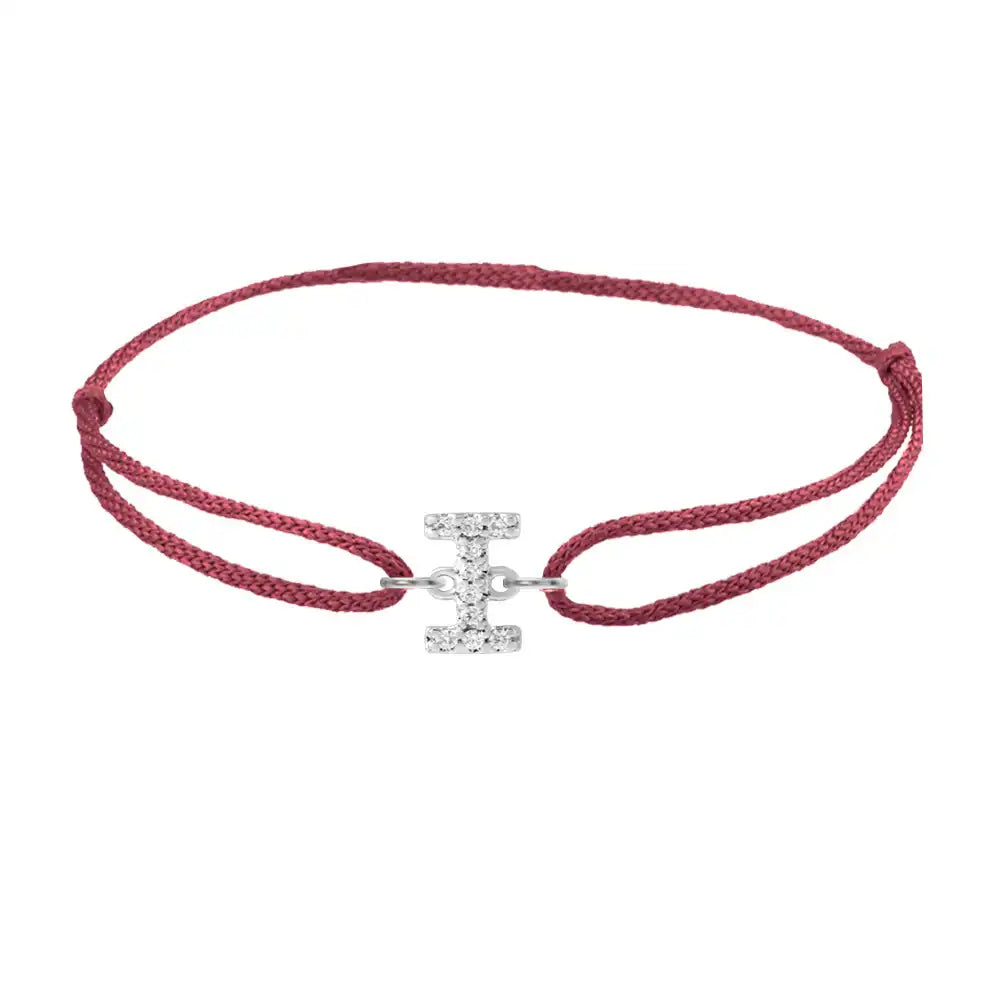 Diamond initial i silk bracelet in 14K white gold on burgundy silk