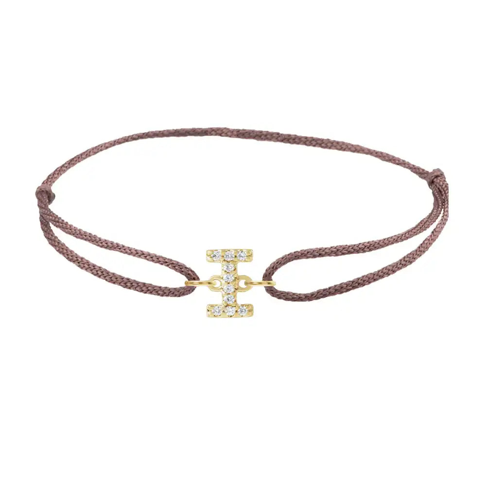 Diamond initial i silk bracelet in 14K yellow gold on brown silk