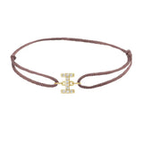 Diamond initial i silk bracelet in 14K yellow gold on brown silk