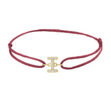 Diamond initial i silk bracelet in 14K yellow gold on burgundy silk