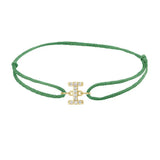 Diamond initial i silk bracelet in 14K yellow gold on emerald silk