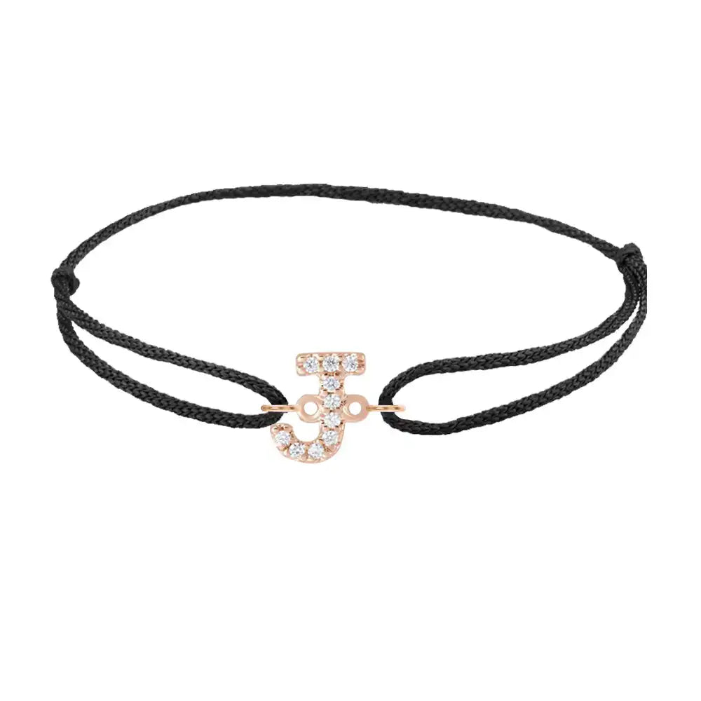 Diamond initial j silk bracelet in 14K rose gold on black silk
