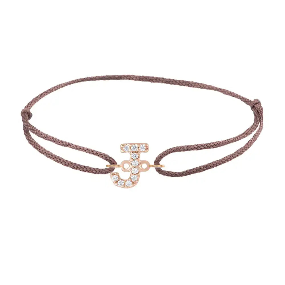 Diamond initial j silk bracelet in 14K rose gold on brown silk