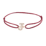 Diamond initial j silk bracelet in 14K rose gold on burgundy silk
