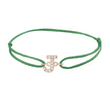Diamond initial j silk bracelet in 14K rose gold on emerald silk