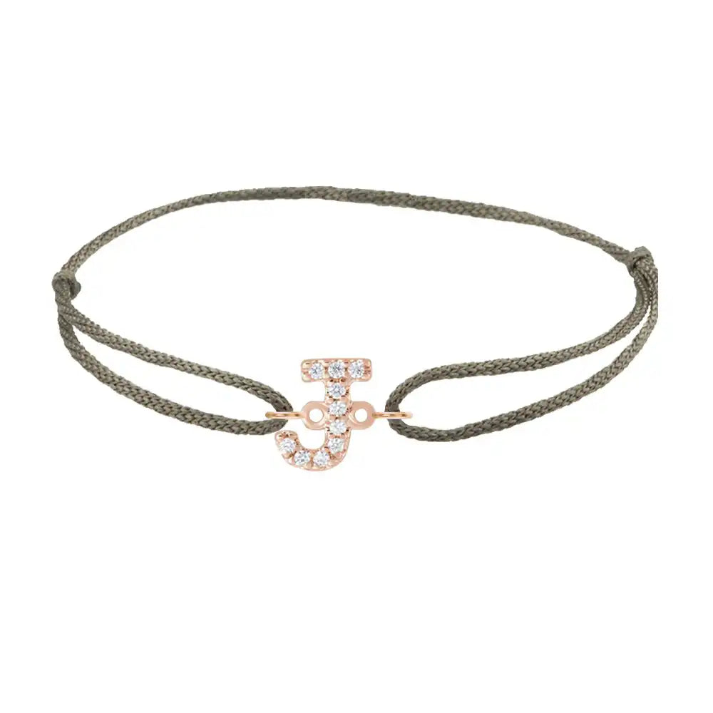 Diamond initial j silk bracelet in 14K rose gold on olive silk