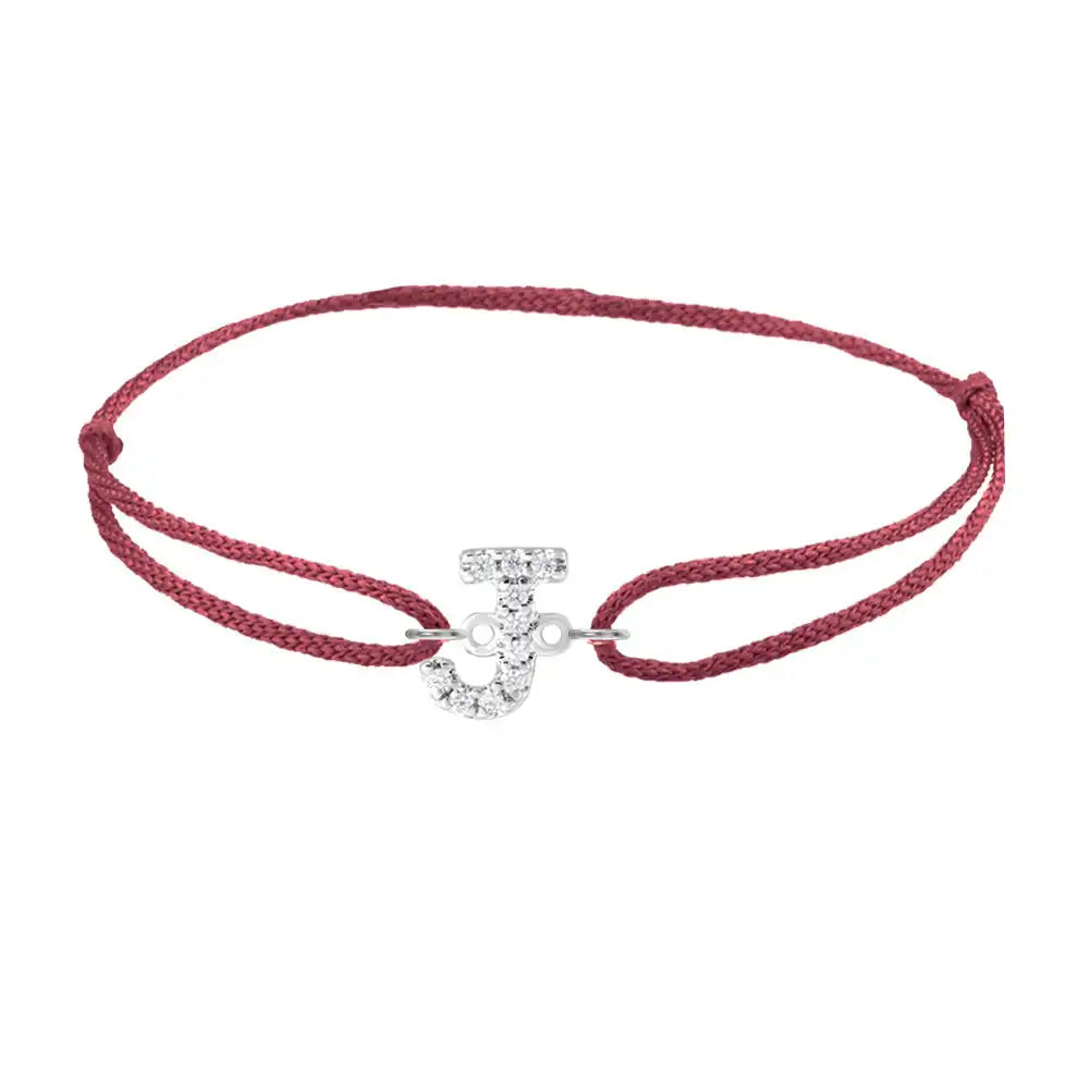 Diamond initial j silk bracelet in 14K white gold on burgundy silk