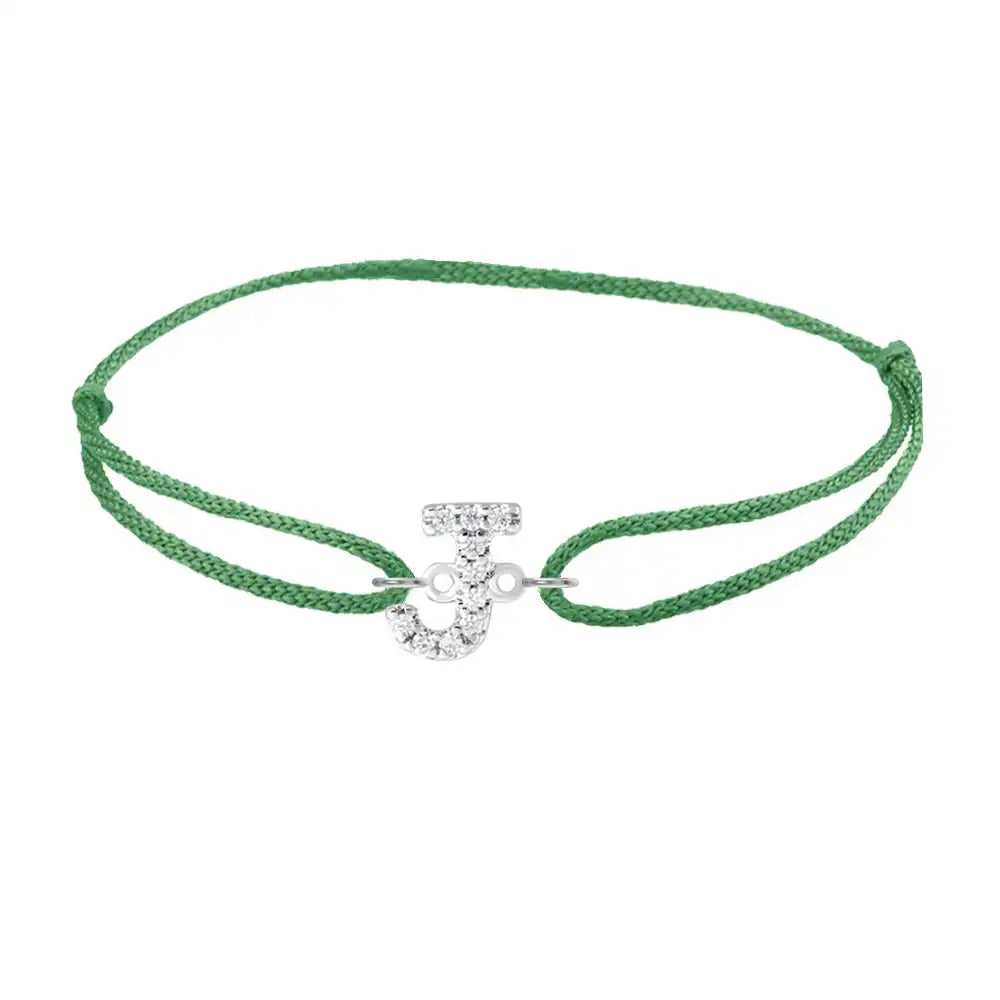 Diamond initial j silk bracelet in 14K white gold on emerald silk