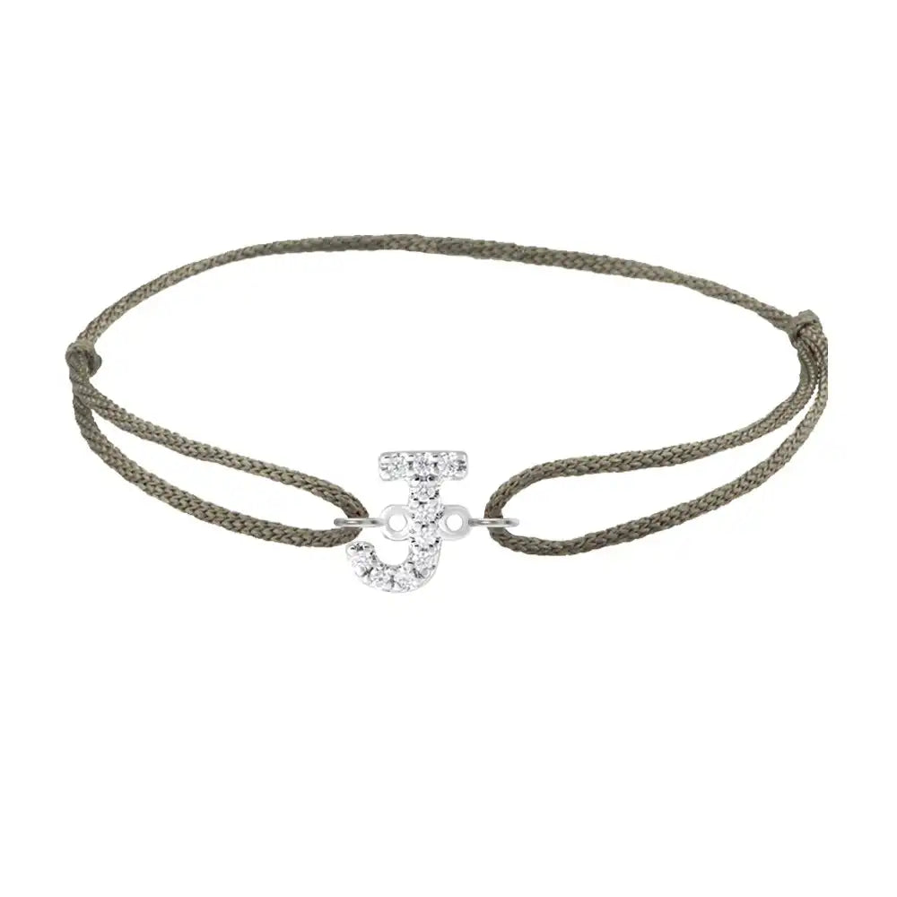 Diamond initial j silk bracelet in 14K white gold on olive silk