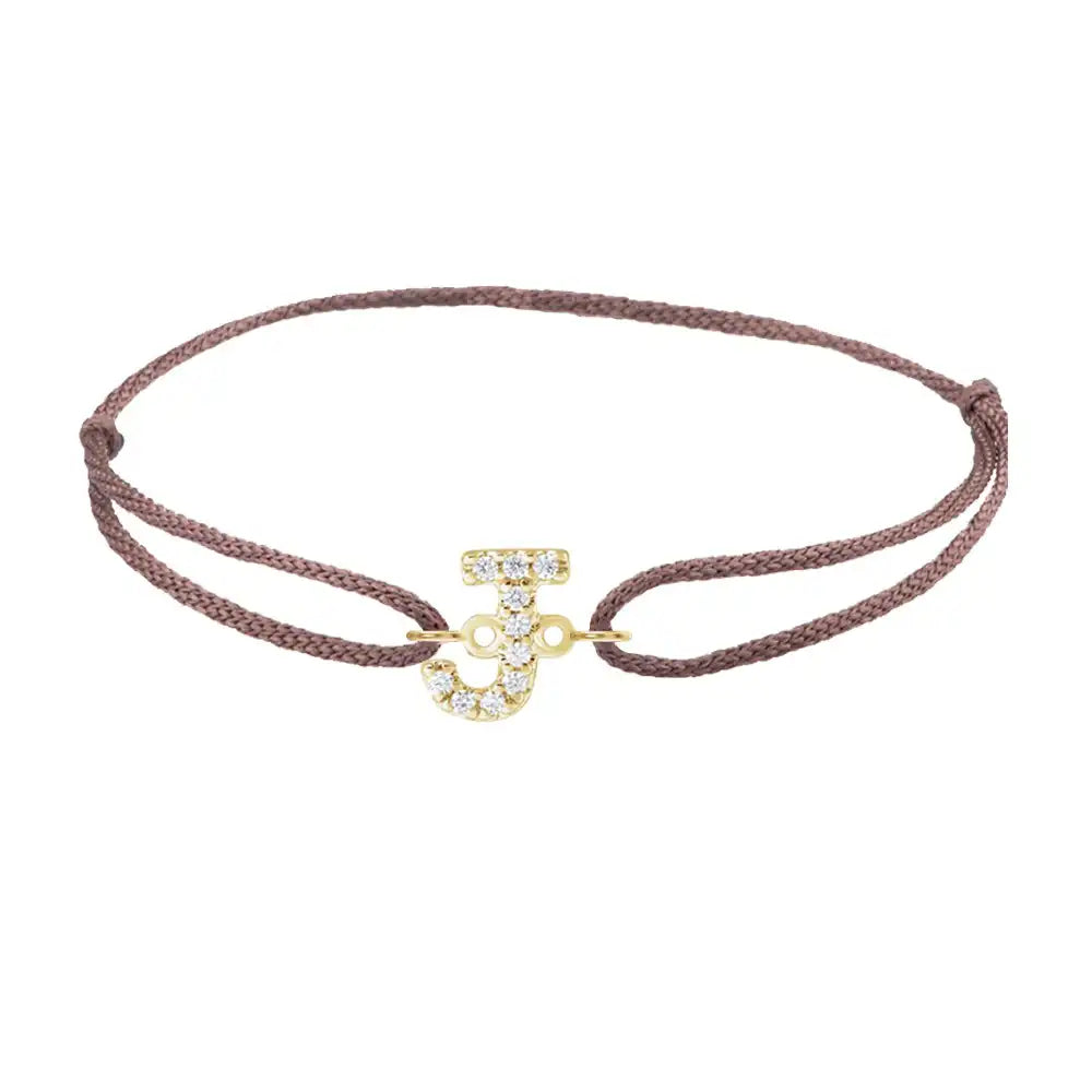 Diamond initial j silk bracelet in 14K yellow gold on brown silk