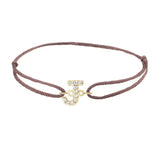 Diamond initial j silk bracelet in 14K yellow gold on brown silk