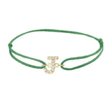 Diamond initial j silk bracelet in 14K yellow gold on emerald silk