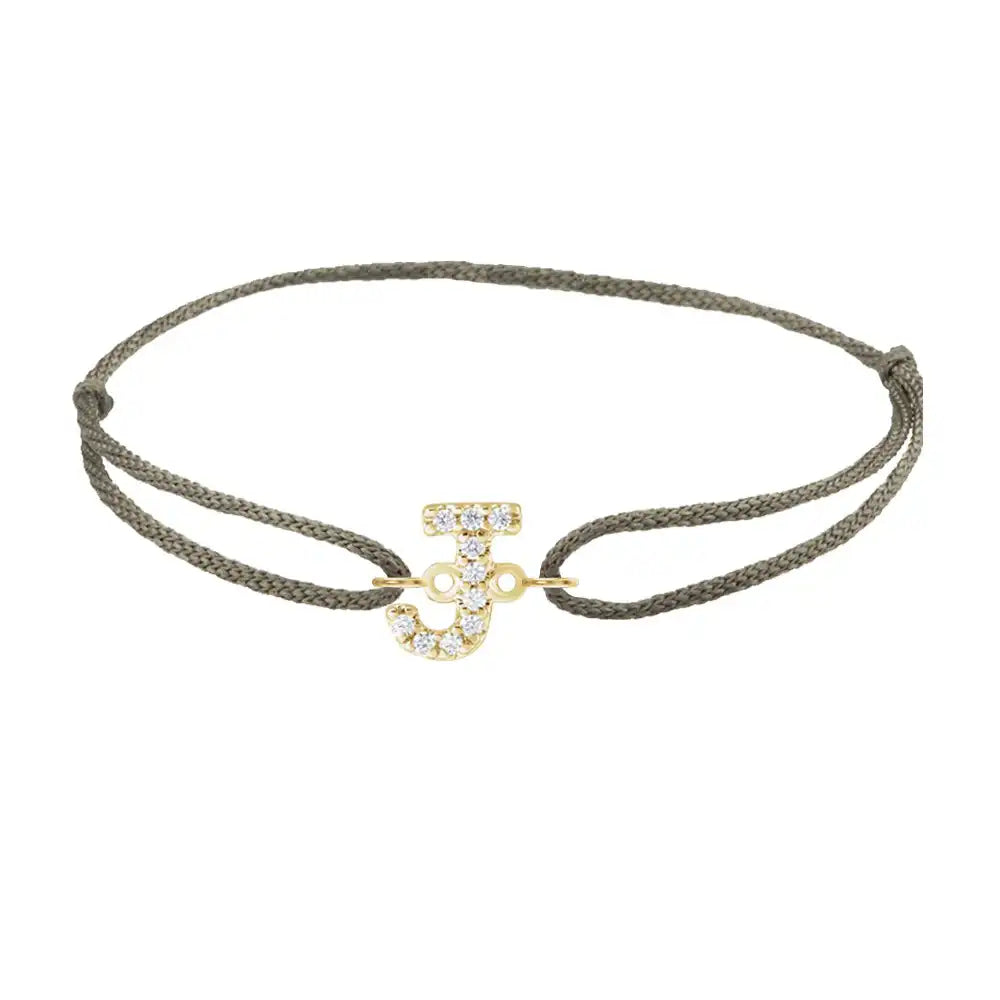 Diamond initial j silk bracelet in 14K yellow gold on olive silk