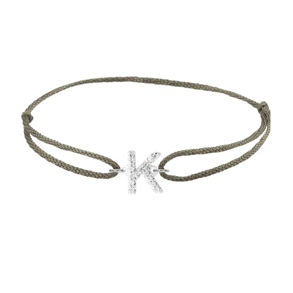 Diamond initial k silk bracelet in 14K white gold on olive silk