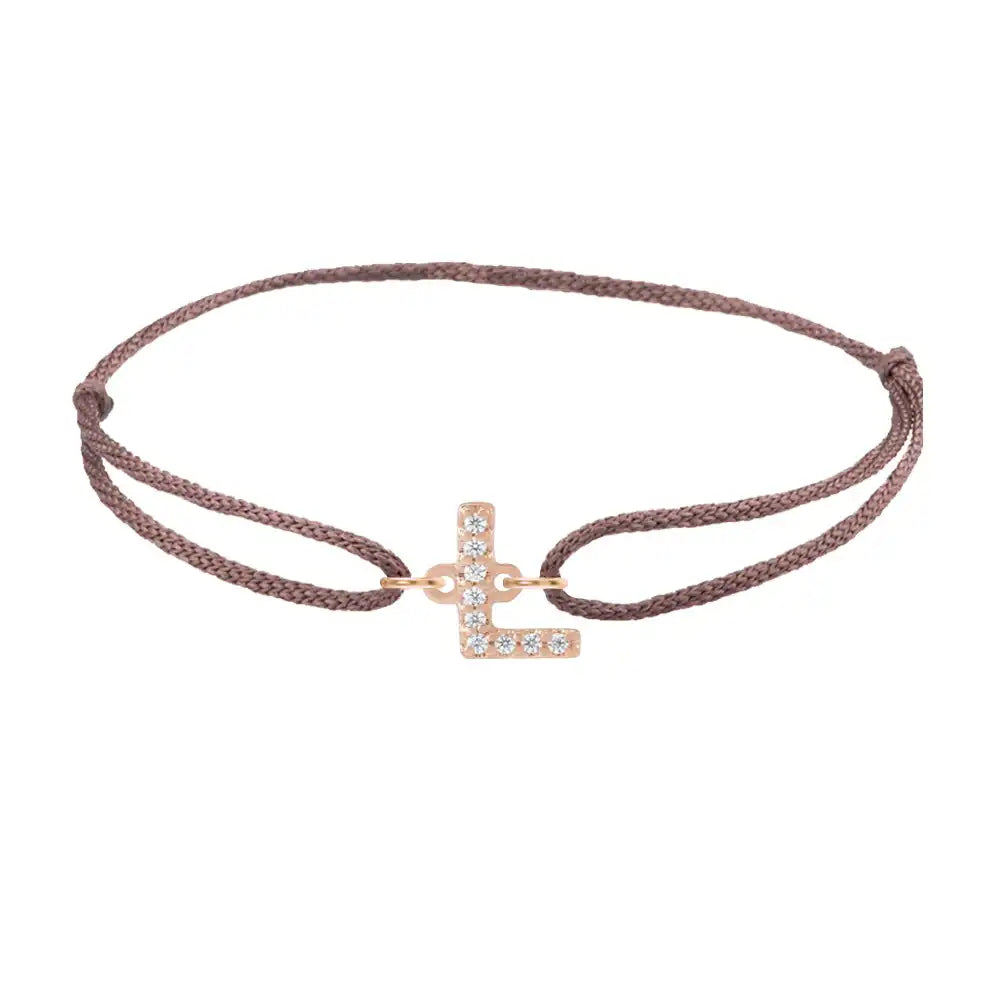 Diamond initial l silk bracelet in 14K rose gold on brown silk