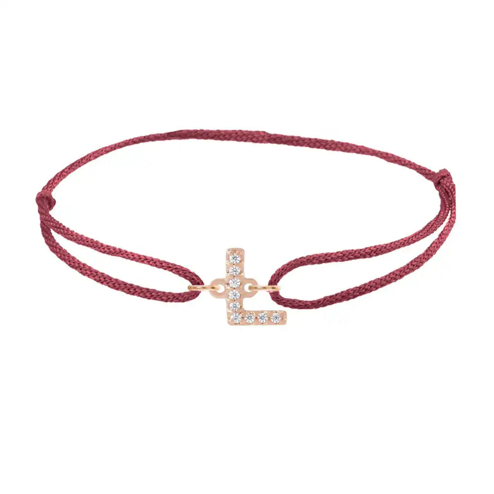 Diamond initial l silk bracelet in 14K rose gold on burgundy silk