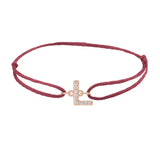 Diamond initial l silk bracelet in 14K rose gold on burgundy silk