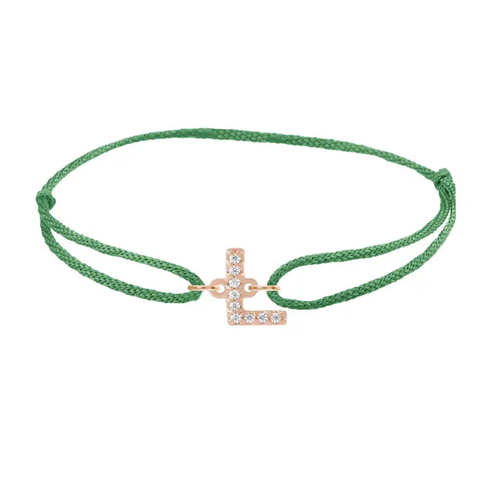 Diamond initial l silk bracelet in 14K rose gold on emerald silk
