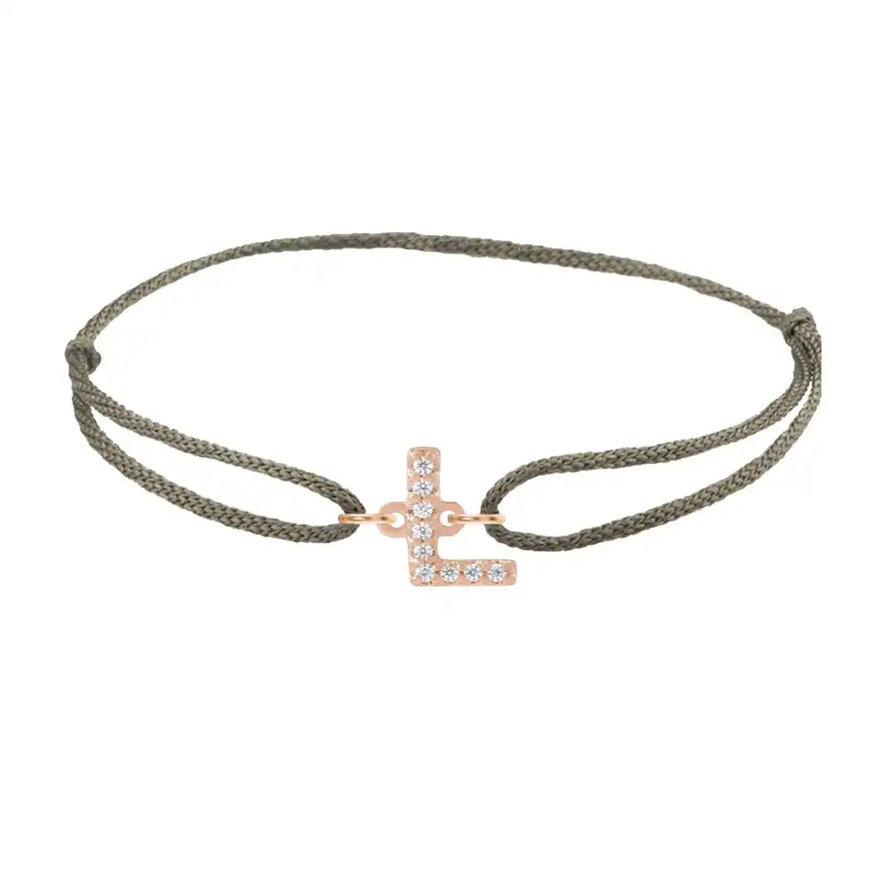 Diamond initial l silk bracelet in 14K rose gold on olive silk