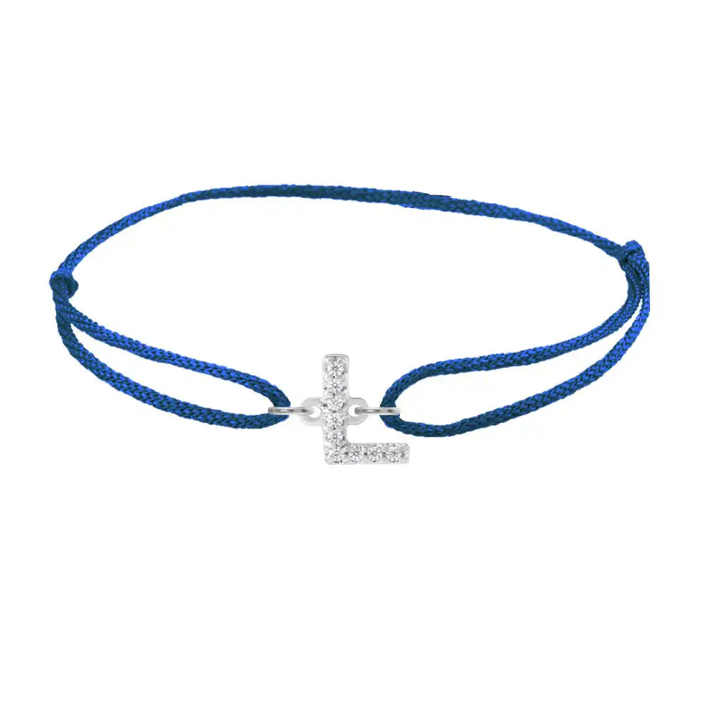 Diamond initial l silk bracelet in 14K white gold on blue silk