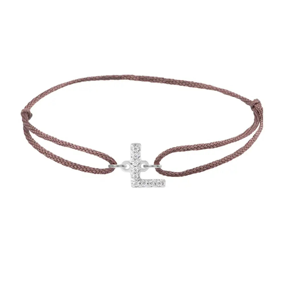 Diamond initial l silk bracelet in 14K white gold on brown silk