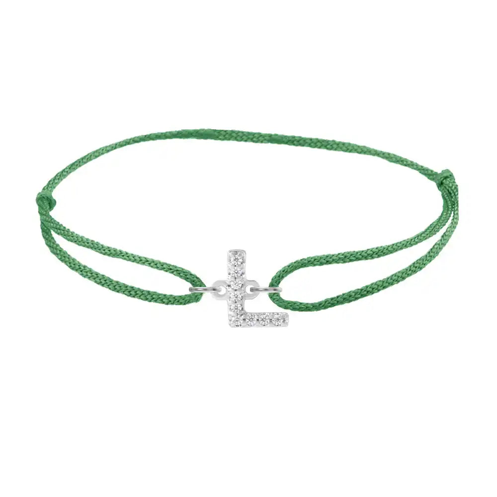 Diamond initial l silk bracelet in 14K white gold on emerald silk