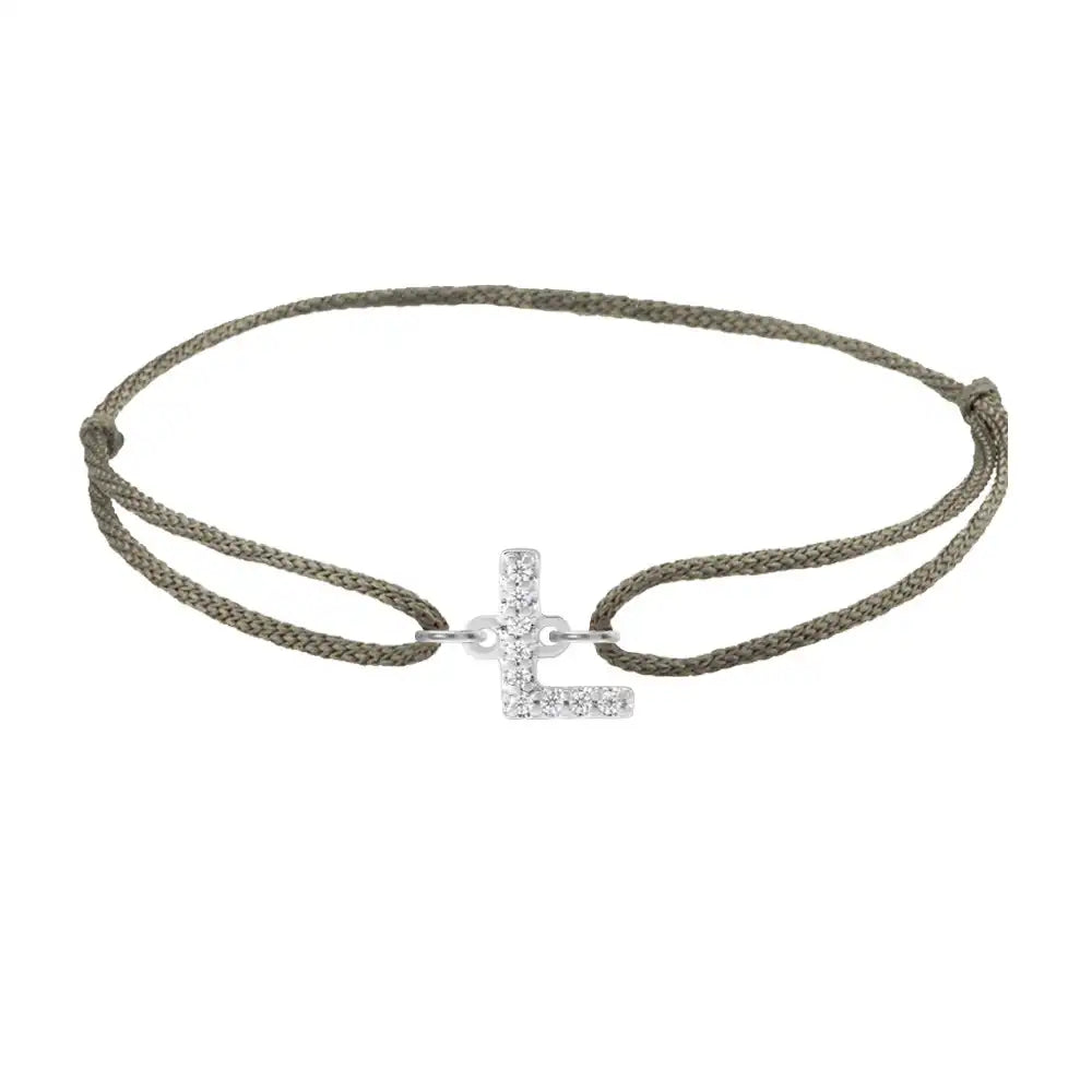 Diamond initial l silk bracelet in 14K white gold on olive silk