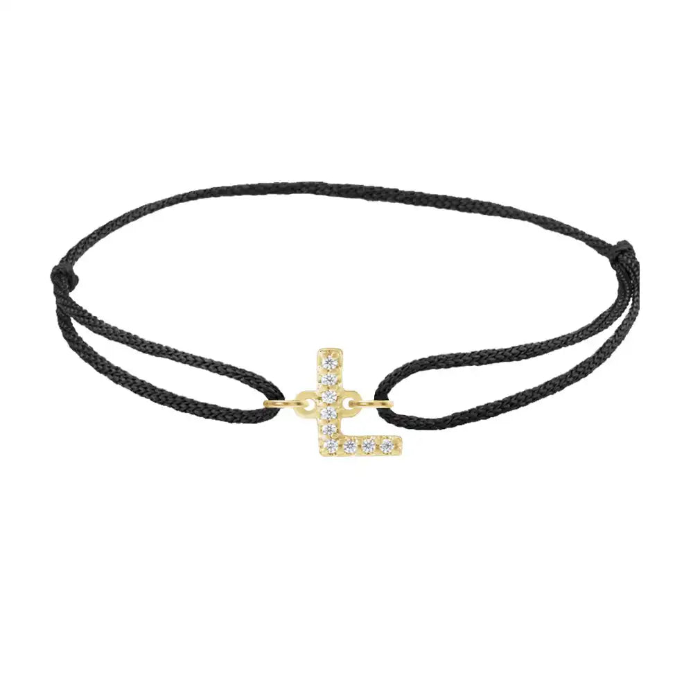 Diamond initial l silk bracelet in 14K yellow gold on black silk