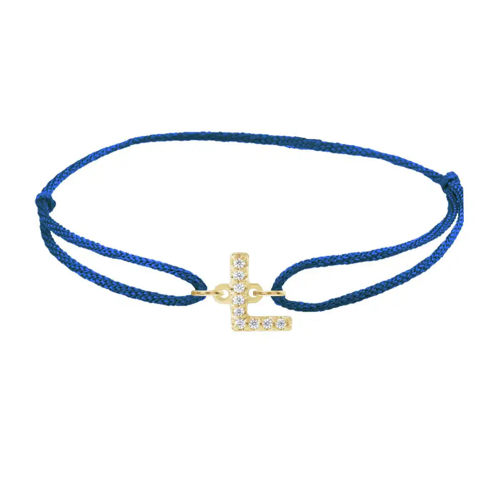 Diamond initial l silk bracelet in 14K yellow gold on blue silk