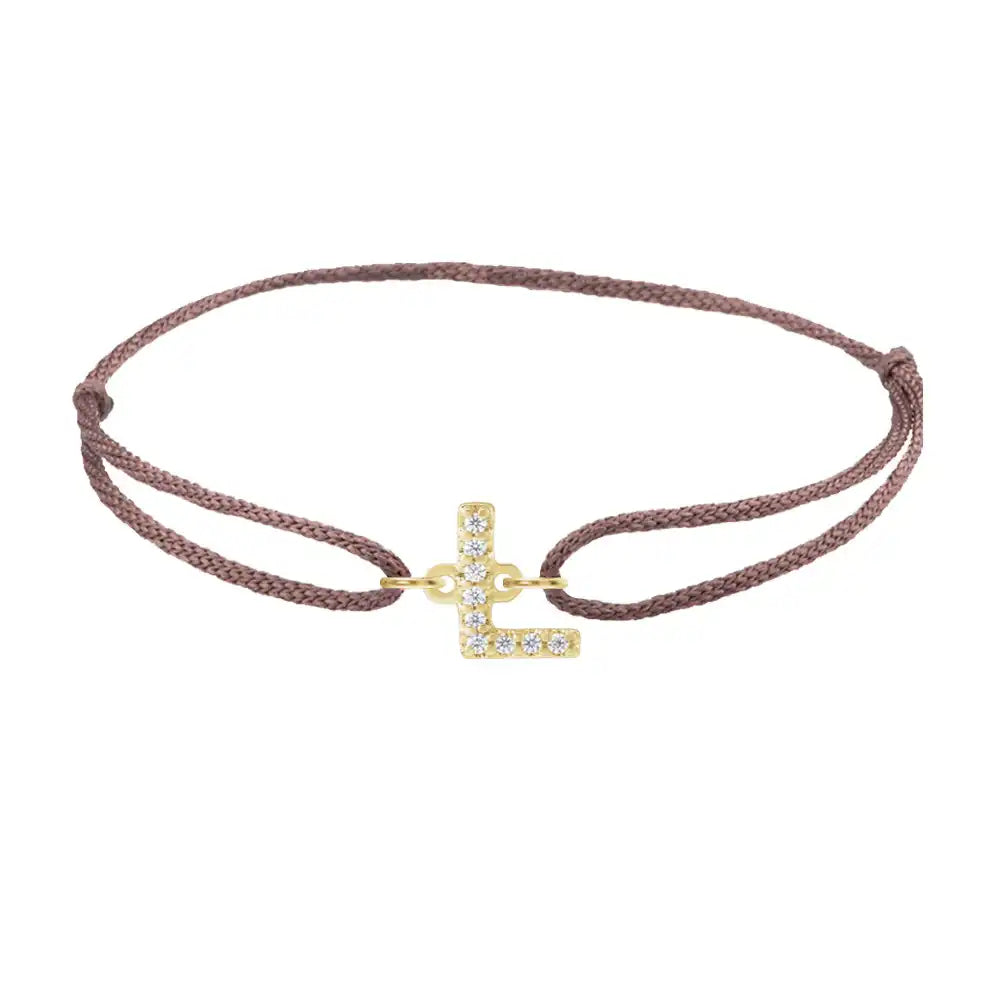 Diamond initial l silk bracelet in 14K yellow gold on brown silk
