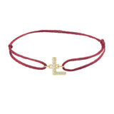 Diamond initial l silk bracelet in 14K yellow gold on burgundy silk