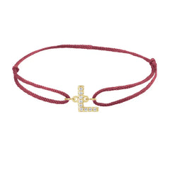 Diamond initial l silk bracelet in 14K yellow gold on burgundy silk