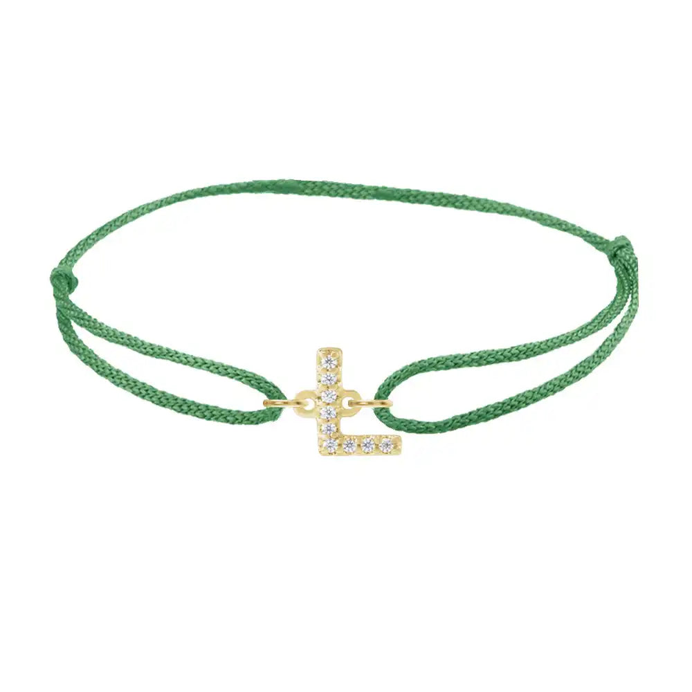 Diamond initial l silk bracelet in 14K yellow gold on emerald silk