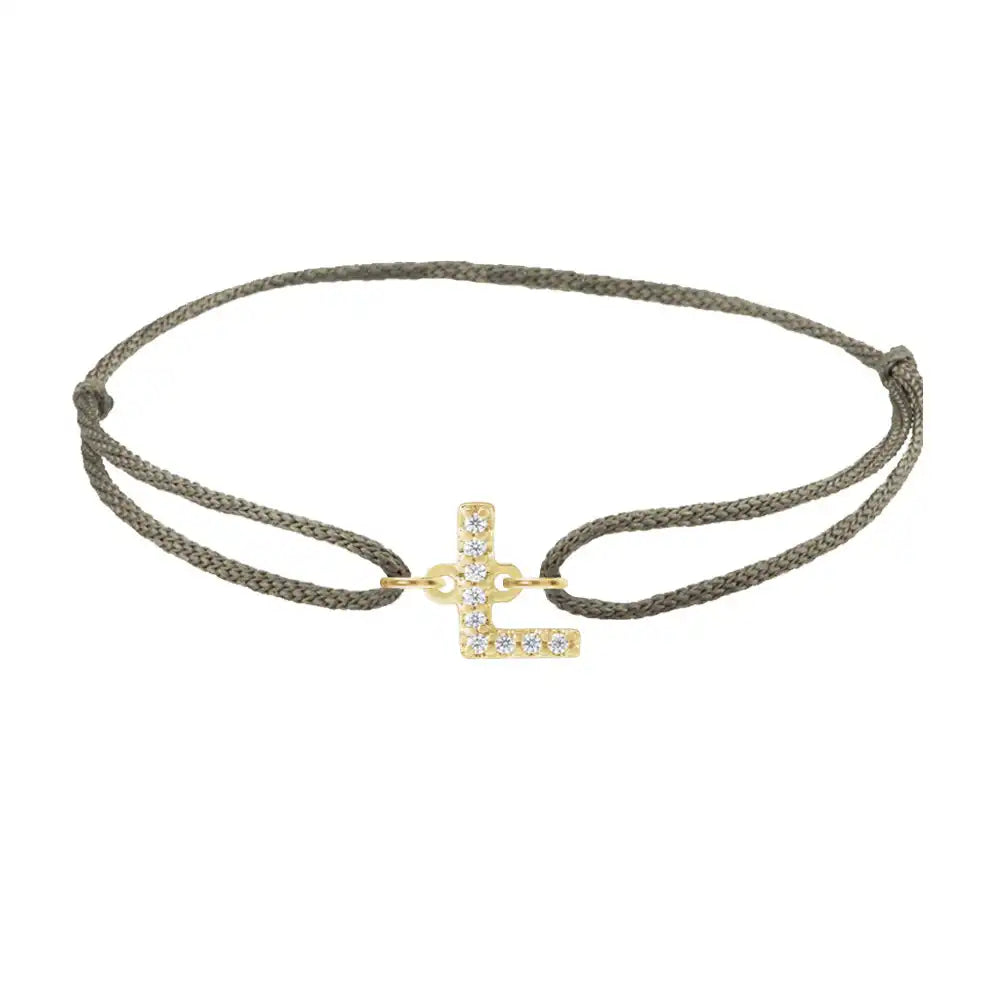 Diamond initial l silk bracelet in 14K yellow gold on olive silk